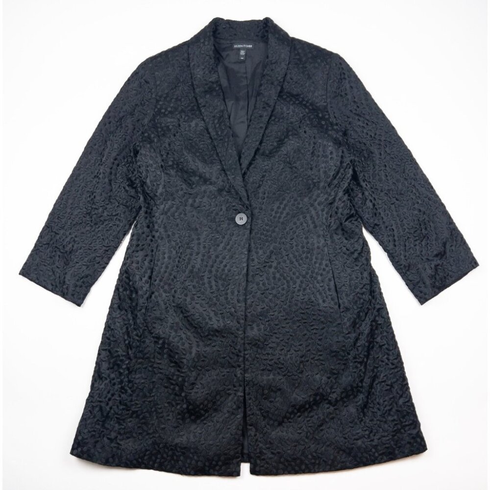 Eileen Fisher Silk Textured Jacket Women's Small Polka Dot Black Coat One Button